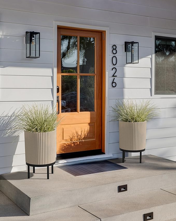 Veradek Demi Series Round Planter w/Stand for Porch/Patio | Durable Plastic-Stone Composite & Wooden Stand | Modern Décor for Tall Plants, Flowers