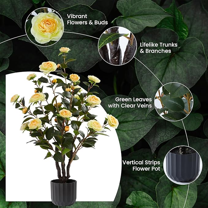 3.2FT Artificial Camellia Trees, Yellow Silk Flowers, Indoor Faux Plants with Realistic Trunk in Black Cement Pot for Home House Living Room Bedroom Office Decor, 2pcs