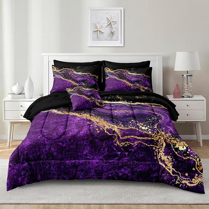 Gold Comforter Set 8 Pcs Purple Marble Bedding Set King Size Bed in A Bag Purple and Black Marble Stone Texture Abstract Room Decor Bed Comforter