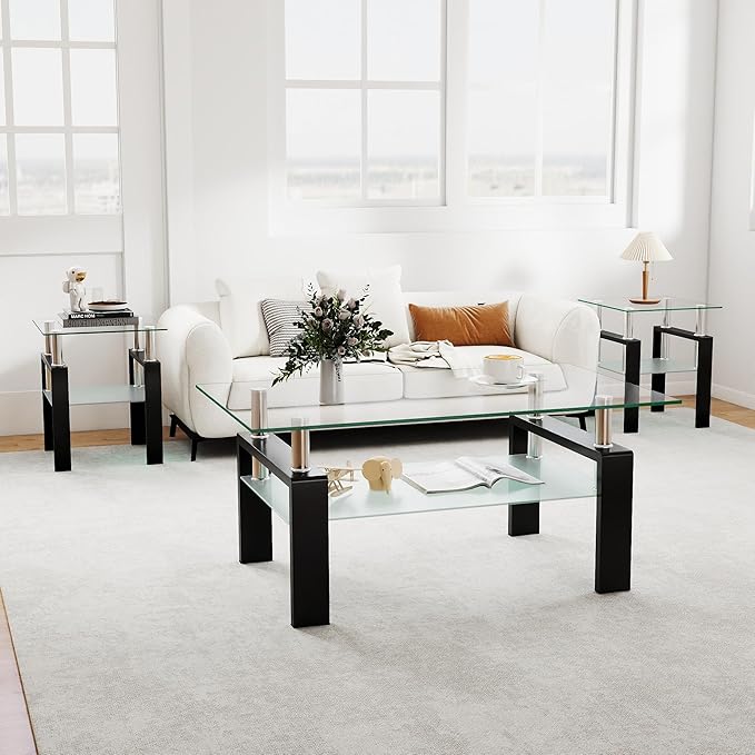 IANIYA 3 Piece Living Room Table Set, Modern Tempered Glass Coffee Table Set, Glass Coffee Table Black Metal Frame End Table for Living Room Apartment Small Space, Clear