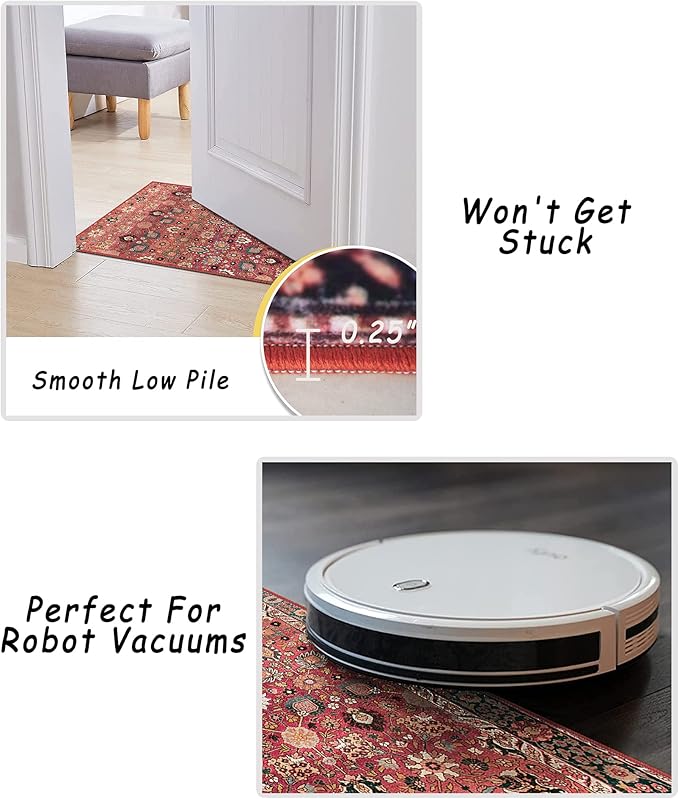 vivorug 8x10 Area Rugs for Living Room, Non-Slip Backing Washable Rug 8x10, Red Large Area Rug Soft Carpet for Bedroom Dining Room, Vintage, Easy Clean, Durable, Low Pile Rug Under Table