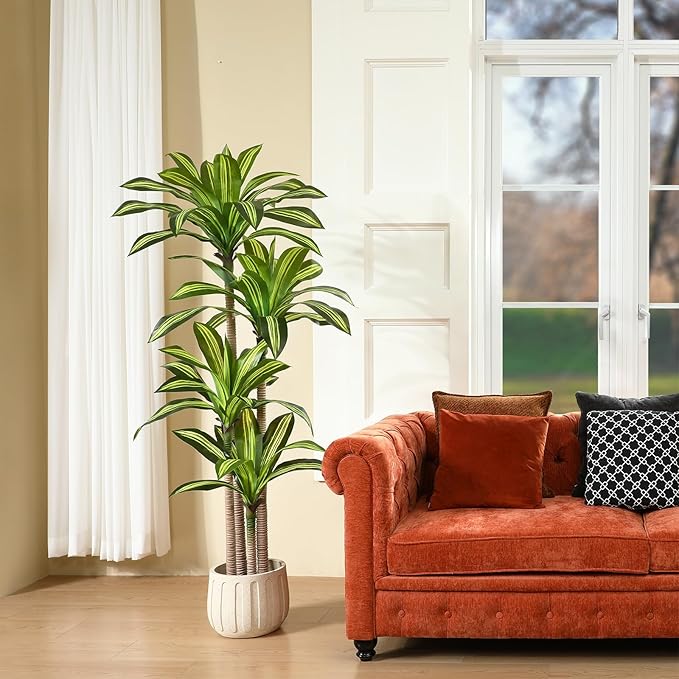 Artificial Plants, 6 Ft Dracaena Tree Faux Plants Indoor Outdoor Decor Fake Tree with Woven Seagrass Basket Plants for Home Decor Office Living Room Porch Patio Housewarming 2 Pack