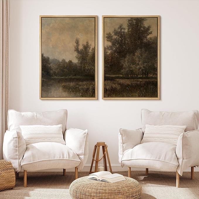 MUDECOR Framed Canvas Print Wall Art Wildflower Meadow Romantic Impressionist Floral Landscape Illustrations Modern Art Decorative Bohemian Chic for Living Room, Bedroom, Office - 24"x36"x2 Natural