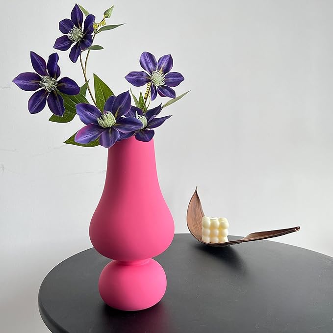 BLOFLO Hot Pink Ceramic Vase, Colorful Ceramic Vase, Modern Dried Flower Vases, Pink Round Vase for Centerpieces Wedding Dinner Table Party Office, Housewarming Gift (2 Layers Pink)