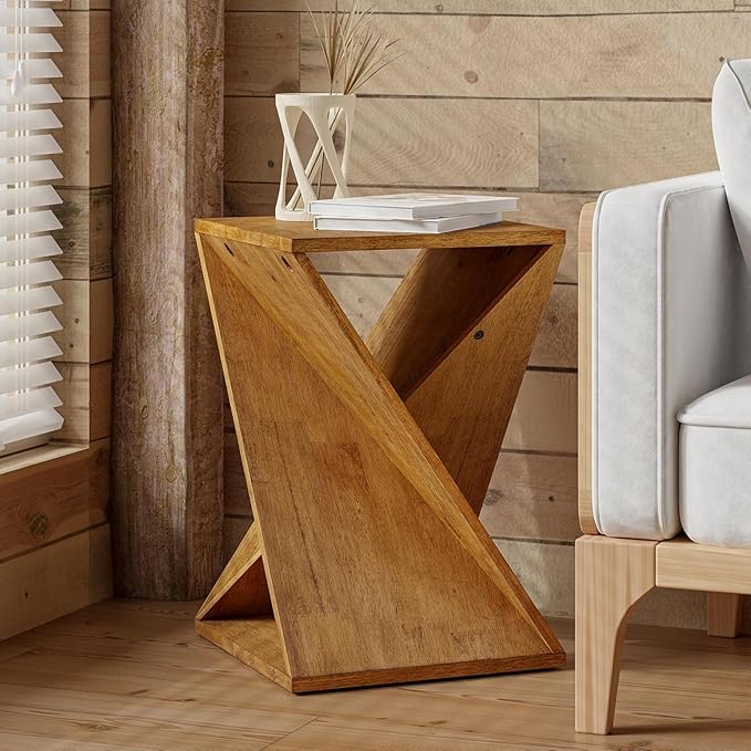 Farmhouse End Table Square Solid Wood Pedestal Side Table Rustic Plant Stand with Twisted Design for Living Room, Bedroom, Office, Natural Wood