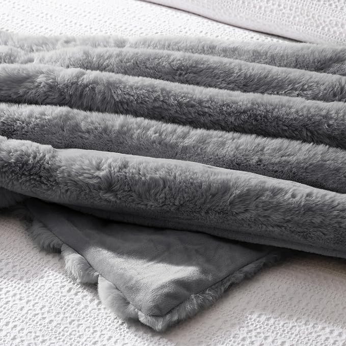 WDCOZY Faux Fur Throw Blanket Striped Super Soft Cozy Fluffy Luxurious Blankets Couch Bed Sofa Chair Home Decor Warm Furry Fall Winter Plush Lightweight Rabbit Fur Bubble Blanket 60" x 80", Darkgrey