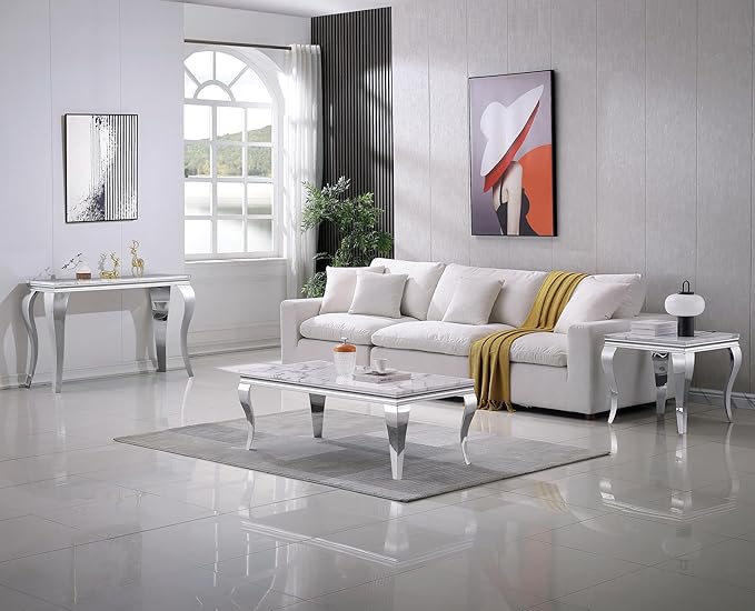 SSLine Rectangular Faux Marble Coffee Table for Living Room Modern Luxury White Marble Center Table with Silver Curved Legs 46.8" Mid-Century Cocktail Table with Mirrored Stainless Steel Frame