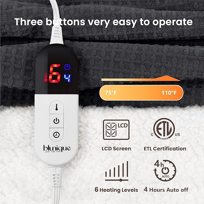 Heated Blanket Electric Throw Waffle, 50x60 Inches Sherpa Fleece Fast Heating Blanket 6 Heating Levels & 4 Hours Auto Off ETL Certification,Charcoal Grey Throw