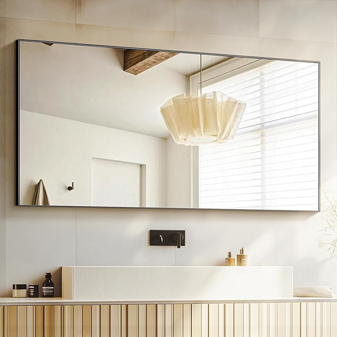 Bathroom Vanity Mirror for Wall, 55" x 30" Metal Framed Rectangular Bathroom Wall Mirror for Over Sink, HD Shatterproof Glass, Hangs Horizontally or Vertically(Black)