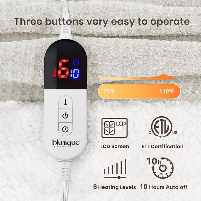Heated Blanket Electric Blanket Full Waffle,72x84 Inches Sherpa Fleece Fast Heating Blanket 6 Heating Levels & 10 Hours Auto Off ETL Certification,Beige Full