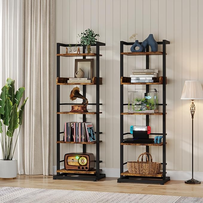 Hosfais Book Shelf Narrow Bookshelf: 5 Tier Wood Bookcase with Metal Edge Protection Industrial Modern Bookshelf Book Storage Organizer for Living Room Bedroom Home Office (Rustic Brown)