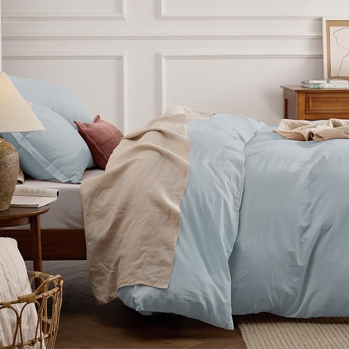 Bedsure 100% Stone Washed Cotton Duvet Cover Queen - Cornflower Blue Minimalist Duvet Cover Linen Like for All Seasons - GentleSoft™ Plain Simple Bedding, 3 Pieces (Cornflower Blue, Queen, 90"x90")