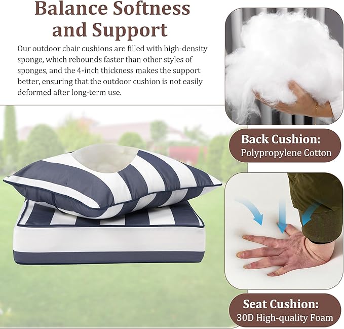 Waterproof Outdoor Chair Cushion Set of 4, 22x22x4 IN Deep Seat Patio Cushions with Fade Resistant Removable Cover,Outdoor Cushions for Patio Furniture with Ties&Handle for Chair Sofa Couch,BlueStripe