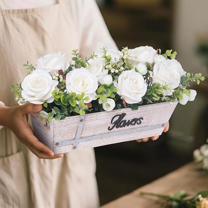 Centerpiece Table Decorations Rustic Wood Tray with 3 Artificial White Rose Flowers and Fake Eucalyptus for Dining Room Farmhouse Living Room Kitchen and Coffee Table Décor