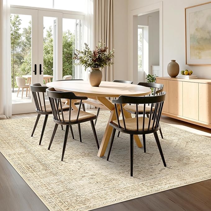 MIULEE 6x9 Vintage Living Room Rug Washable Area Rugs Low Pile Floor Mat for Bedroom Dining Room Non-Slip Stain Resistant Soft Indoor Carpet for Home Decor, Neutral Beige