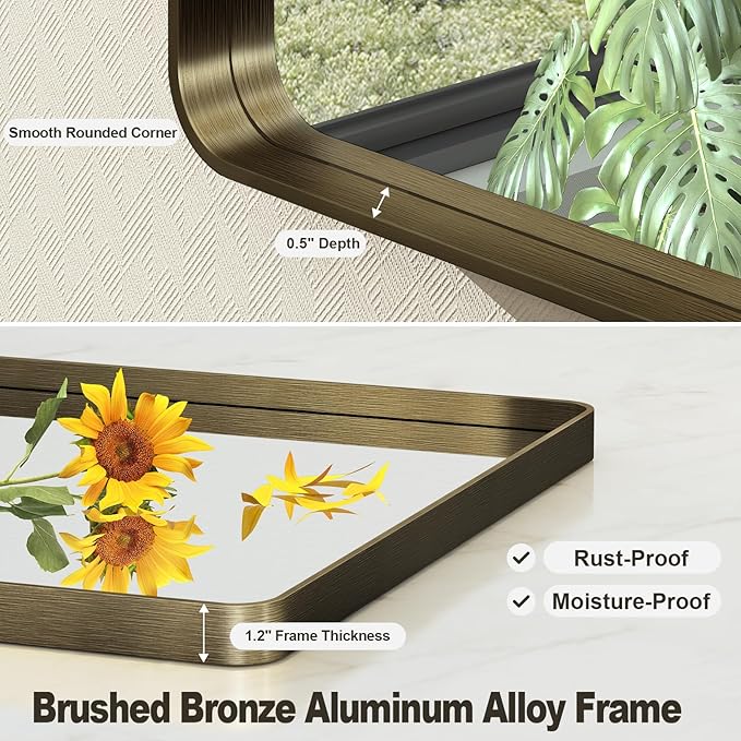 28x36 Inch Bronze Framed Bathroom Mirror, Brushed Bronze Metal Vanity Mirror, Rounded Bronze Rectangle Mirror, Tempered Glass, Anti-Rust, Shatterproof (Horizontal/Vertical)