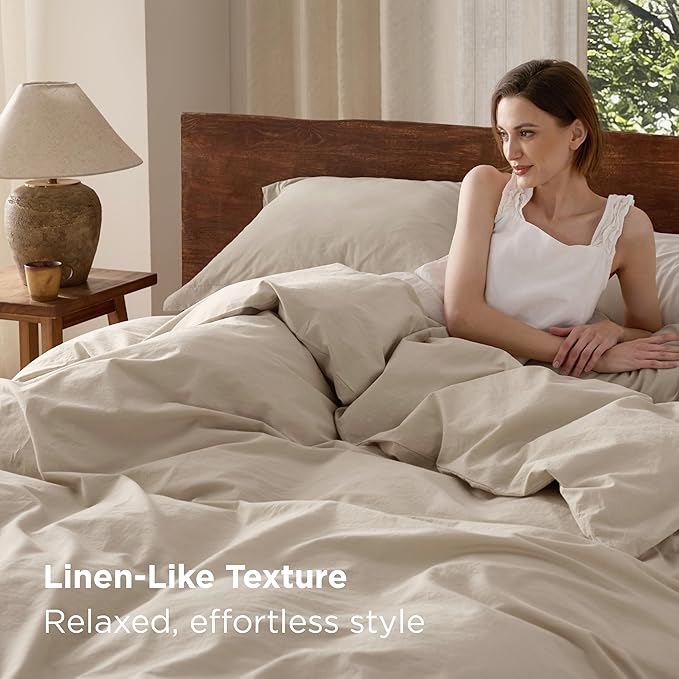 Bedsure 100% Washed Cotton Duvet Cover King Size - Greige Minimalist Cotton Duvet Cover Linen Like for All Seasons - GentleSoft™ Plain Simple Bedding, 3 Pieces (Greige, King, 104"x90")
