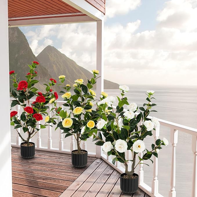 Goplus 38’’ Artificial Camellia Tree, 2 Pack Flower Plants Artificial Tree, Faux Floral Plant Blooming Tree in Cement Pot, Greenery Potted Plant for Indoor Outdoor Office Home Porch Decor