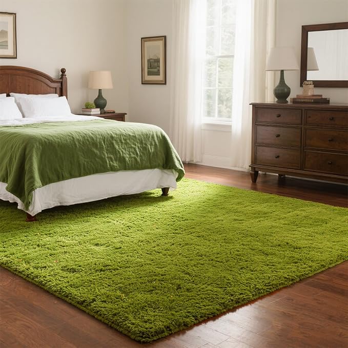 Green Grass Area Rugs for Bedroom Living Room, 8x10 Fluffy Fuzzy Shaggy Carpet for Kids Playroom Nursery Room, Thick Soft Plush Mat for Kids Baby Boys Teen Dorm Home Decor Aesthetic