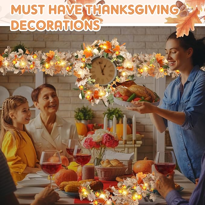VIHOSE 2 Pack Thanksgiving Maple Leaves Garland Fall Decor 11.5 ft 40 LED with Pumpkin Lights Battery Operated and Timer Remote for Home Thanksgiving Halloween Decor(White)