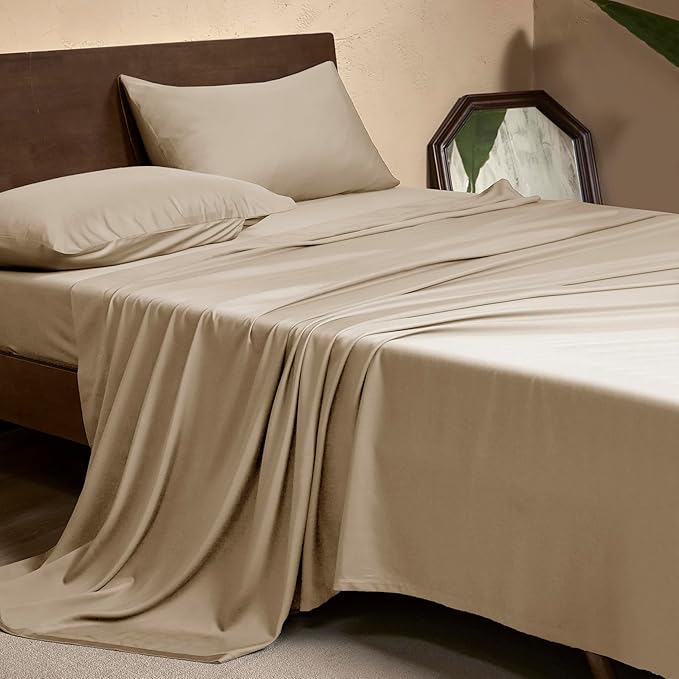 EVERLY Twin Sheets Set,Luxuriously 400 Thread Count Organic Viscose Derived from Bamboo Bed Sheet,Cooling Sheets for Twin Size 3 Piece Deep Pockets Bedding Sheets-Champagne