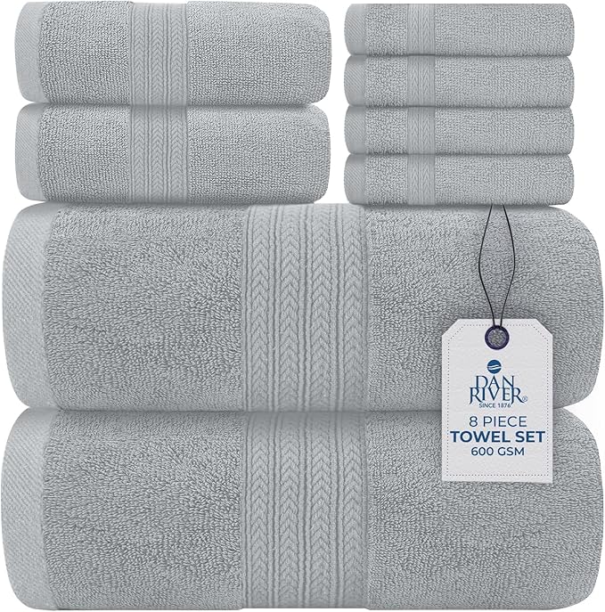 DAN RIVER 8 PC Luxury Bath Towels for Bathroom, 2 Bath, 2 Hand, and 4 Wash Cloths, 600 GSM 100% Ring Spun Cotton Towel Set, Highly Absorbent, Gym, Hotel, and Spa, Silver