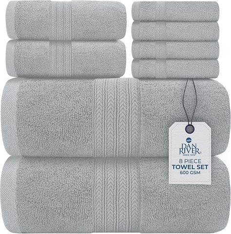 DAN RIVER 8 PC Luxury Bath Towels for Bathroom, 2 Bath, 2 Hand, and 4 Wash Cloths, 600 GSM 100% Ring Spun Cotton Towel Set, Highly Absorbent, Gym, Hotel, and Spa, Silver