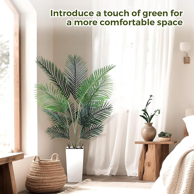 Artificial Areca Palm Tree 5FT Fake Potted Plant Faux Silk Tropical Areca Palm Real Bark Design, Large Artificial Plant in Tall White Pot for Home Living Room House Warming Floor Decor