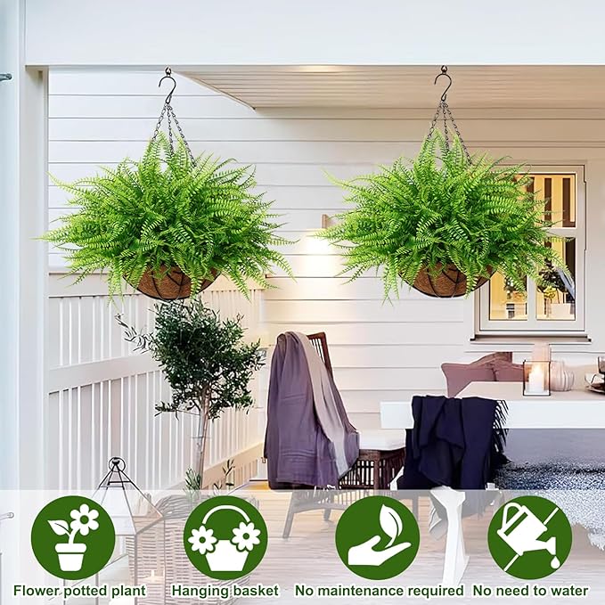 KHOYIME Artificial Hanging Plants with Basket 2PCS Fake Boston Fern Baskets, Outdoor Faux Greenery Stems Hanging Decor UV Resistant Indoor Outside Decorations for Home Garden Porch Balcony Patio Yard