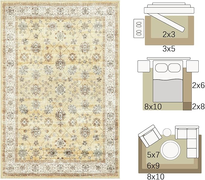 jinchan Area Rug 2x3 Washable Vintage Floral Rug Indoor Entryway Non-Slip Door Mats Soft Carpet for Living Room Bedroom Bathroom Home Office Taupe