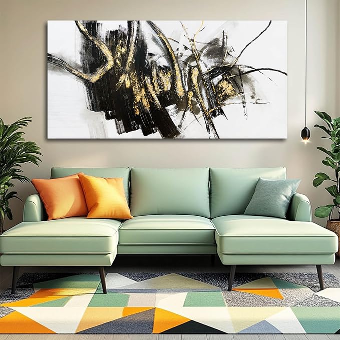 WINKAILIN Black Line Art Abstract Pictures Wall Decor for Dining Room Modern Artwork Grunge Posters for Room 29"x 58" Neutral Wall Art for Bedroom Office