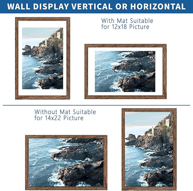 14x22 Picture Frame Set of 2, Rustic Brown Wood Style - Display 14 x 22 Picture without Mat or 12x18 Picture with Mat, Wall Mounting Horizontal and Vertical