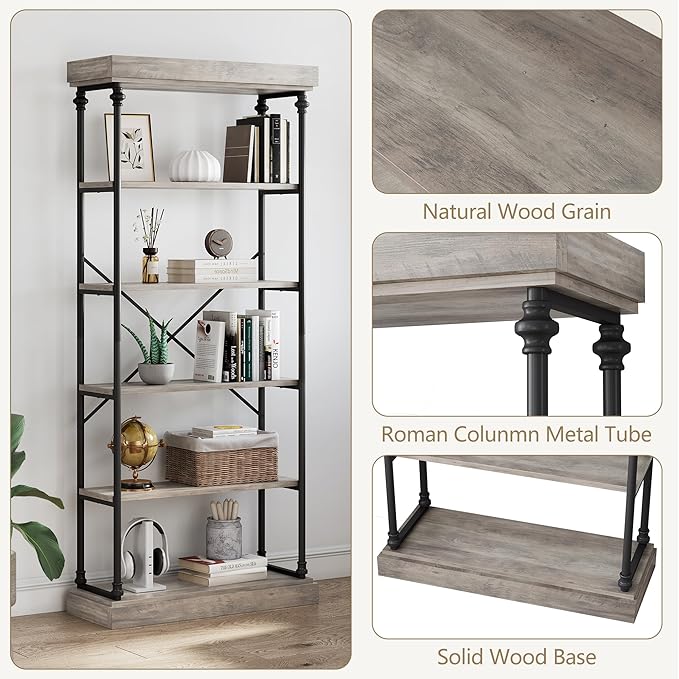 IDEALHOUSE Industrial Bookshelf Wood Bookcase 6 Tier Storage Open Rack Shelf with Metal Frame Rustic Tall Standing Bookshelves Large Grey Display Rack for Bedroom,Living Room and Home Office