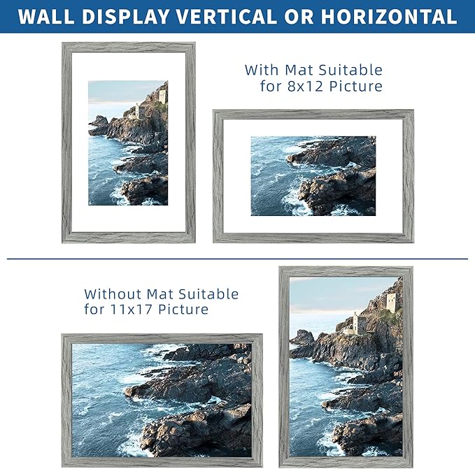 11x17 Frame Set of 2, Rustic Grey Wood Style - Display 11 x 17 Poster without Mat or 8x12 Picture with Mat, Wall Mounting Horizontal and Vertical
