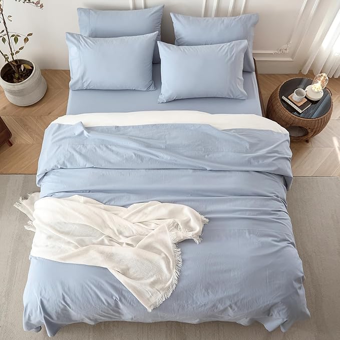 6PS Linen Like Bedding Sheet Sets Cornflower Blue Cotton Bedding Set Oeko-TEX Standard 100% Washed Cotton Deep Pocket Queen Size Fitted Sheet Plus Cozy Flat Sheet and 4 Pillowcases
