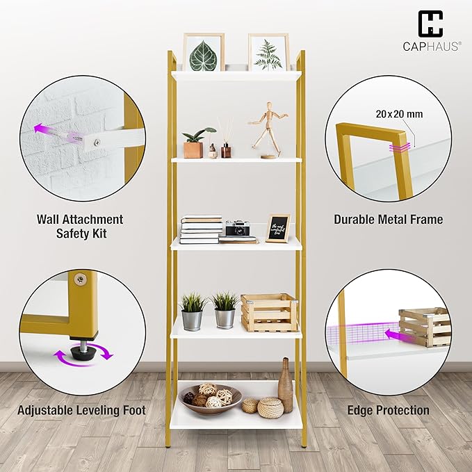 CAPHAUS 5 Tier Ladder Bookshelf, 24 Inch Width Free Standing Shelf, Bookcase Shelf Storage Rack Organizer, Industrial Book Shelves for Home Office, Living Room, Kitchen, White Shelves & Gold Frame