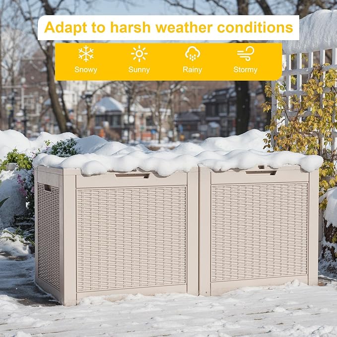ROJIK Outdoor Storage Housing Deck Box - Waterproof Patio Furniture, Garden Tools, Cushions, Pool Accessories Storage Bench with Lockable Lid and Side Handles (Grey Rattan, 30 Gal)
