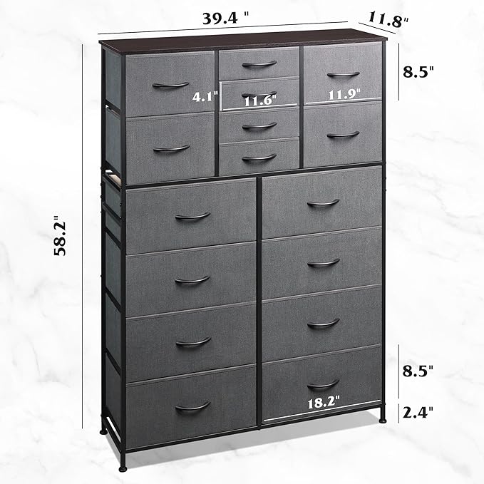 WLIVE Tall Console Table with 16 Fabric Drawers, Entryway Table with Storage, Large Storage Organizer with Wood Top, Steel Frame for Living Room, Hallway, Office, Dark Grey