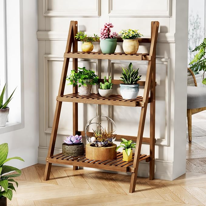 Bamboo Ladder Shelf Plant Shelf, 3 Tier Foldable Ladder Flower Pot Display Shelf Rack, Freestanding Ladder Bookshelf for Garden, Balcony, Yard, Patio, Lawn, Living Room, 23.6"W x 15"D x 39.4"H, Walnut
