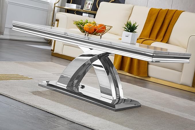 SSLine Rectangular Faux Marble Coffee Table for Living Room Modern Luxury White Marble Center Table with Silver Pedestal Base 46.8" Mid-Century Cocktail Table with Mirrored Stainless Steel Frame