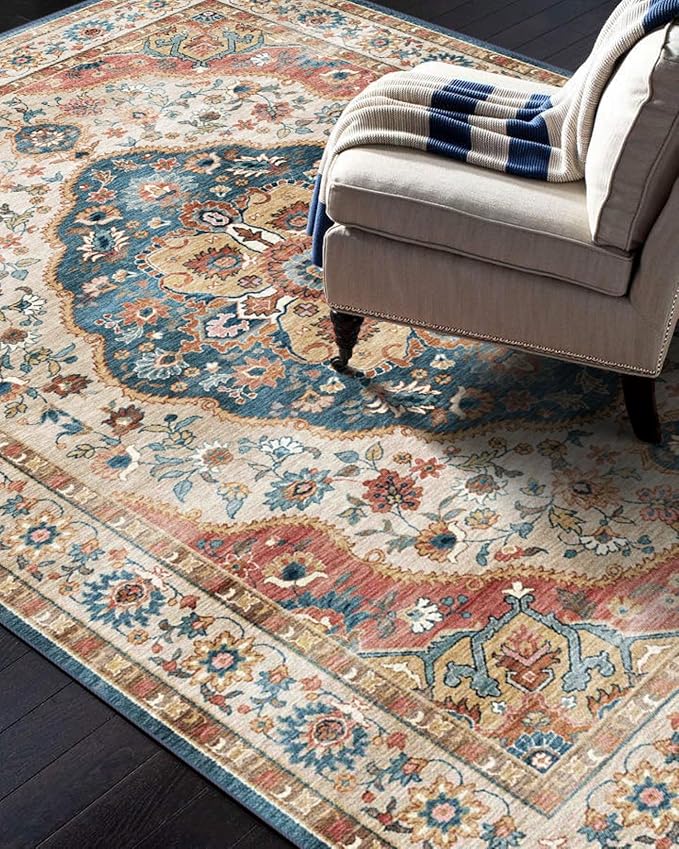 vivorug 4x6 Rug, Small Area Rug for Living Room, Bedroom, Kitchen, Machine Washable Non-Slip Throw Rug, Vintage Carpet for Entryway Nursery Coffee Table - Durable (Beige)