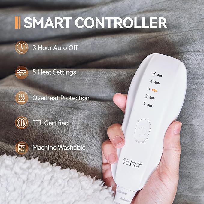 Heated Blanket 50''x60''-Soft and Comfortable Electric Throw,5 Heat Settings and 3H Auto Shut-Off Heating Blanket ETL&FCC Certification Machine Washable (Grey)