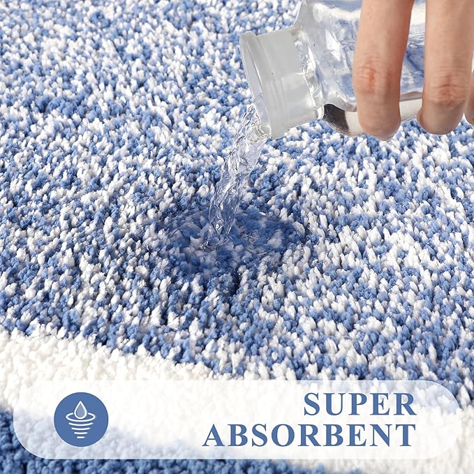 Pauwer Bathroom Rugs Set 5 Piece, Plush Absorbent Microfiber Bath Mats for Bathroom, Non Slip Washable Bath Rug Set with U Shaped Contour Toilet Rugs, Shower Rug and Toilet Lid Cover, Blue