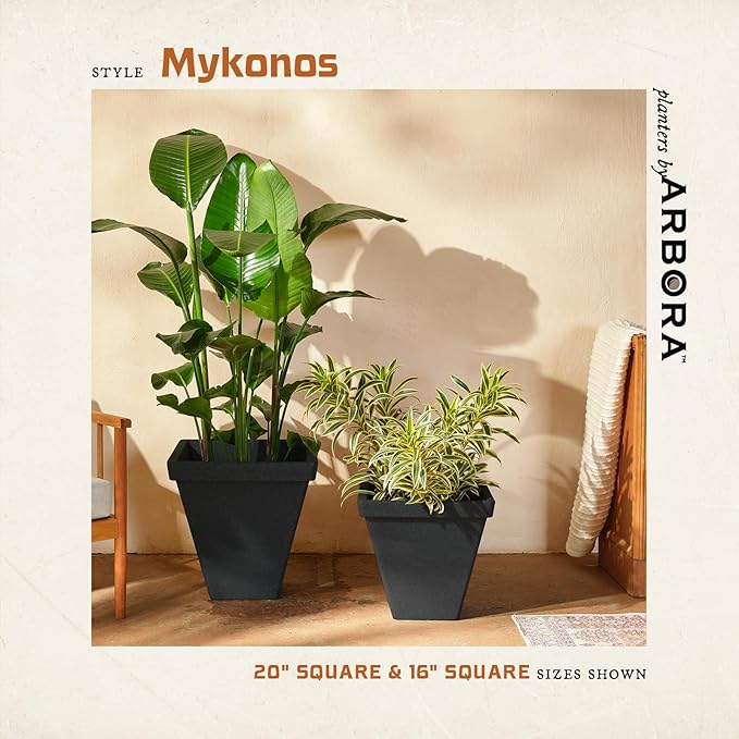 ARBORA 16" Mykonos Square Polyresin Indoor and Outdoor Planter with Classic Black Finish - Durable, Weatherproof, Lightweight, Large Plant Pot for Patio, Garden, Deck, Entryway