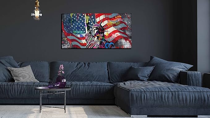 JKWALL77 American Flag Wall-Decor - Banksy Graffiti Canvas Wall Art - Office Pictures For Wall Ready To Hang Size 40" x 20"