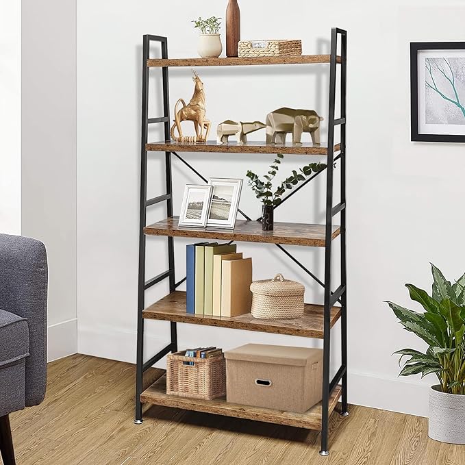 5 Tier Ladder Bookshelf, Heavy Duty Rustic Brown Wood and Metal Bookcase with 1.2" Thick Shelves, 63" H x 30" W x 14" D, Industrial Open Storage Shelving for Living Room, Bedroom, Kitchen