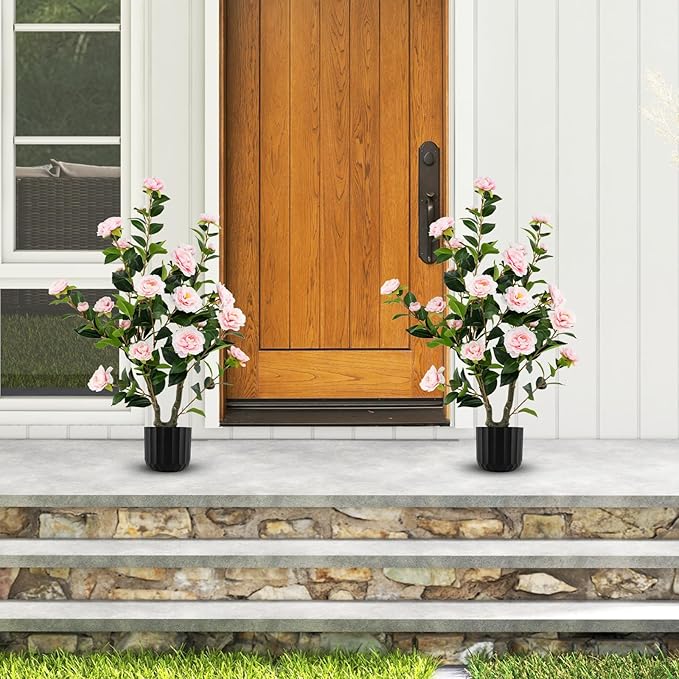 Goplus 38’’ Artificial Camellia Tree, Flower Plants Artificial Tree, Faux Floral Plant Blooming Tree in Cement Pot, Greenery Potted Plant for Indoor Outdoor Office Home Porch Decor