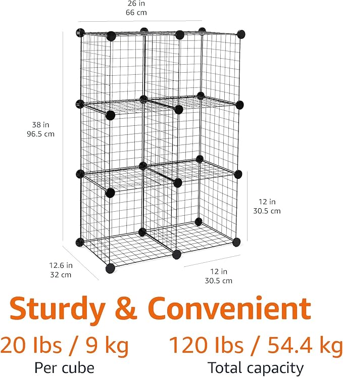 Amazon Basics Cube Wire Grid Stackable Storage Shelves, 6-Cube, 12.6"D x 26"W x 38"H, Black