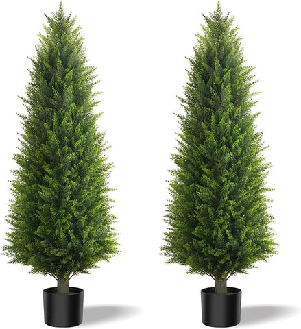 4FT Artificial Cedar Topiary Trees (2 Pack) - UV Resistant Fake Evergreen Shrubs with Extra Dense Foliage, Realistic Potted Faux Plants for Front Porch & Garden Decor