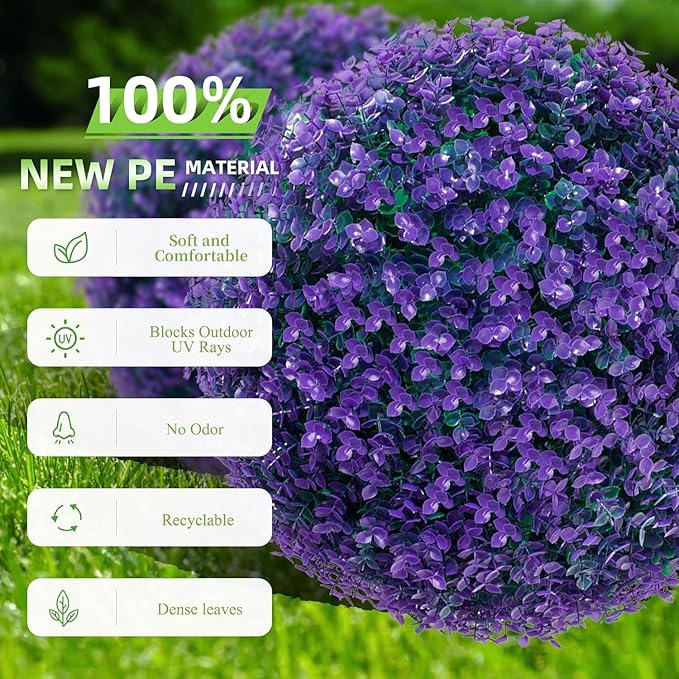 2 PCS 16 Inch Artificial Plant Purple Topiary Ball, Anti-Fading Faux Decorative Boxwood Balls, Hanging Fake Plants Balls for Garden, Wedding Party, Patio Indoor Outdoor Decor (Blue)